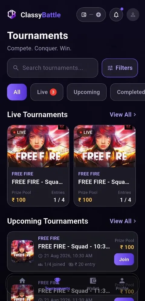 ClassyBattle Tournaments screen
